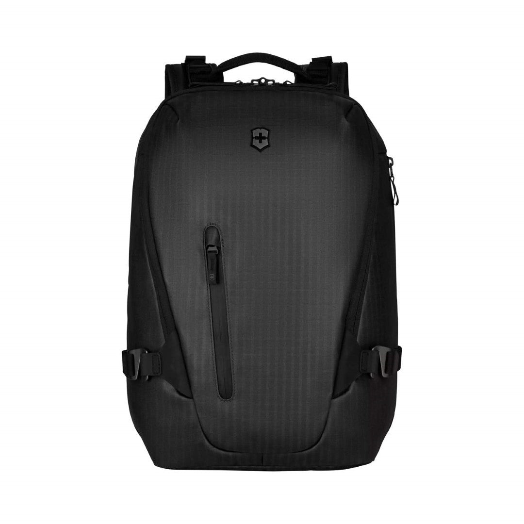 Sleek black VX Touring CitySports 15L Backpack with padded straps, laptop compartment, and water-resistant zippers.