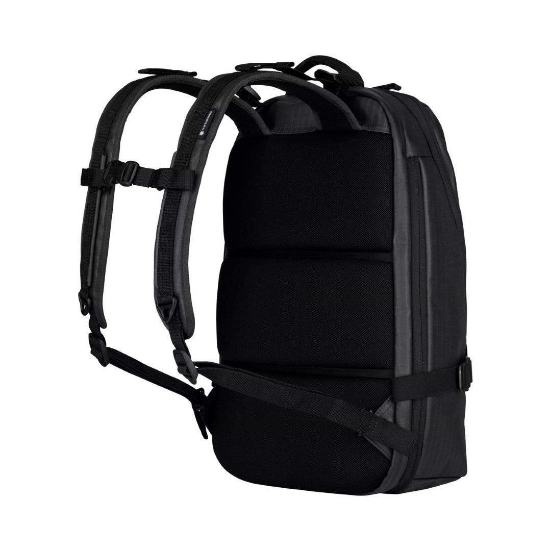 Sleek black VX Touring CitySports backpack with padded straps, 15-inch laptop compartment, and water-resistant zippers.