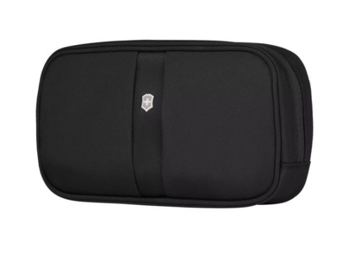 Travel Accessories Overnight Essentials Kit by VICTORINOX in black, featuring antibacterial lining and micro-mesh pockets for toiletries.