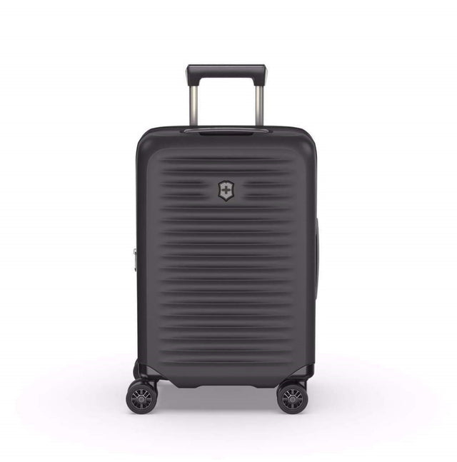 Lightweight black carry-on luggage with expansion system and anti-scratch pocket for electronics, perfect for modern travelers.