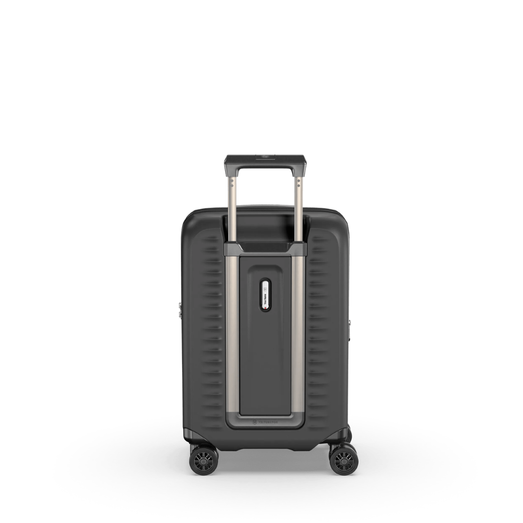 Lightweight black carry-on luggage with expansion system, zippered anti-scratch pocket, designed for modern travelers.