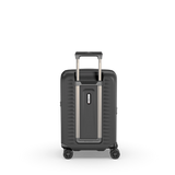 Lightweight black carry-on luggage with expansion system, zippered anti-scratch pocket, designed for modern travelers.