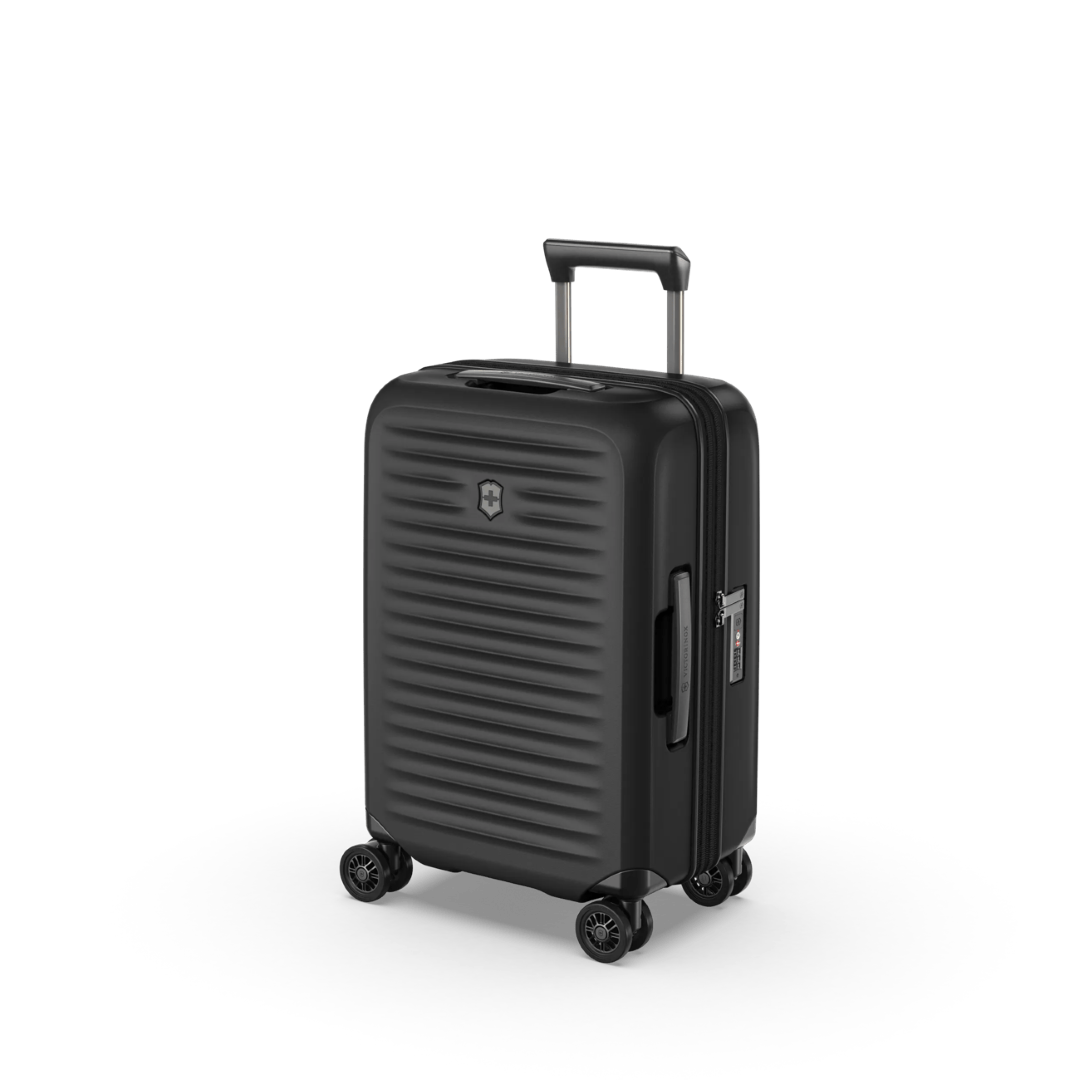 Lightweight black carry-on luggage with expansion system, anti-scratch pocket, and Swiss precision design for modern travelers.