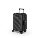 Lightweight black carry-on luggage with expansion system, anti-scratch pocket, and Swiss precision design for modern travelers.