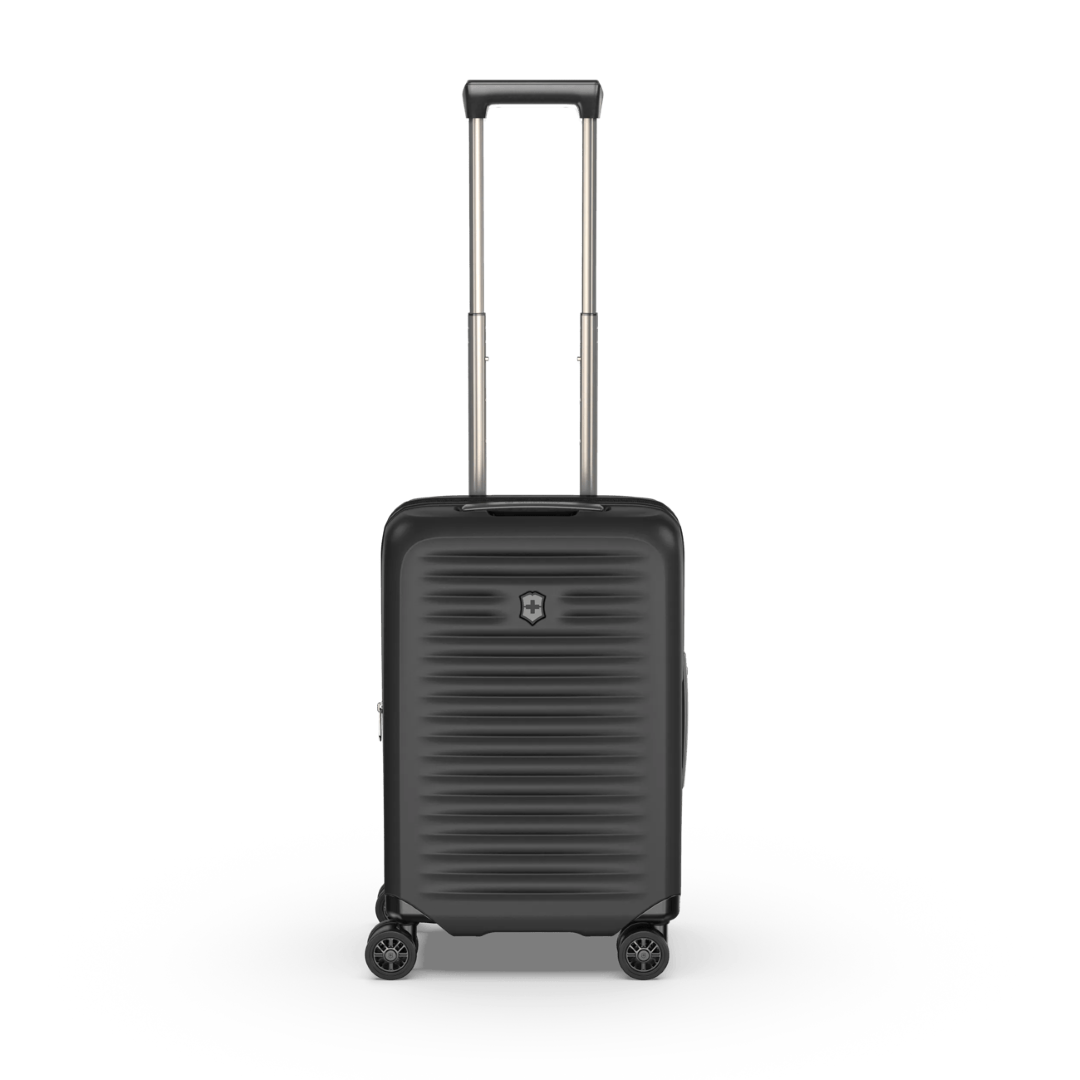 Lightweight VICTORINOX Airox Advanced Hardside carry-on in black, featuring expansion system and anti-scratch pocket for devices.