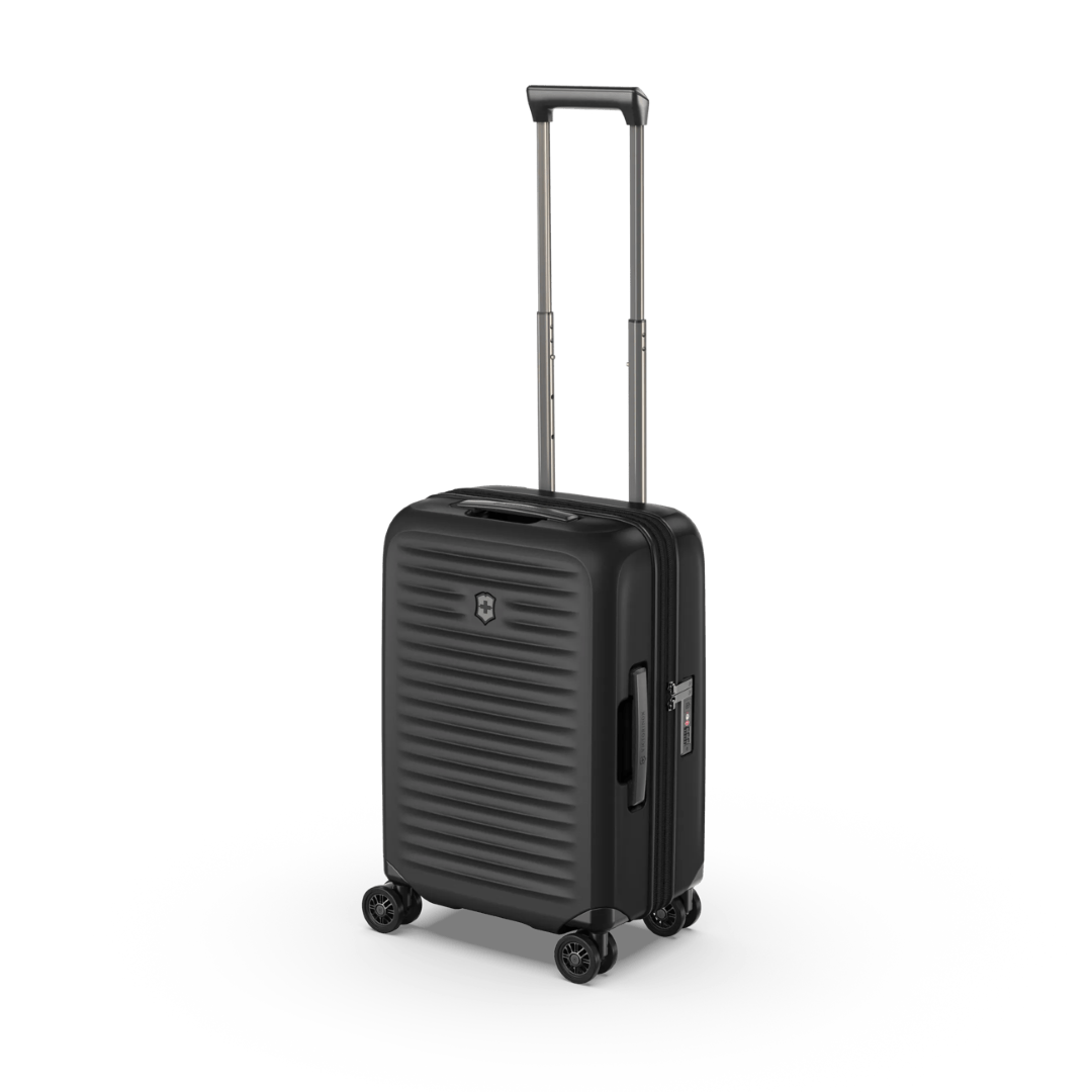 Lightweight black carry-on luggage with expansion system and anti-scratch pocket for electronics, ideal for modern travelers.