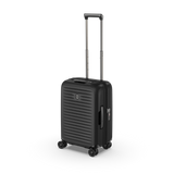 Lightweight black carry-on luggage with expansion system and anti-scratch pocket for electronics, ideal for modern travelers.