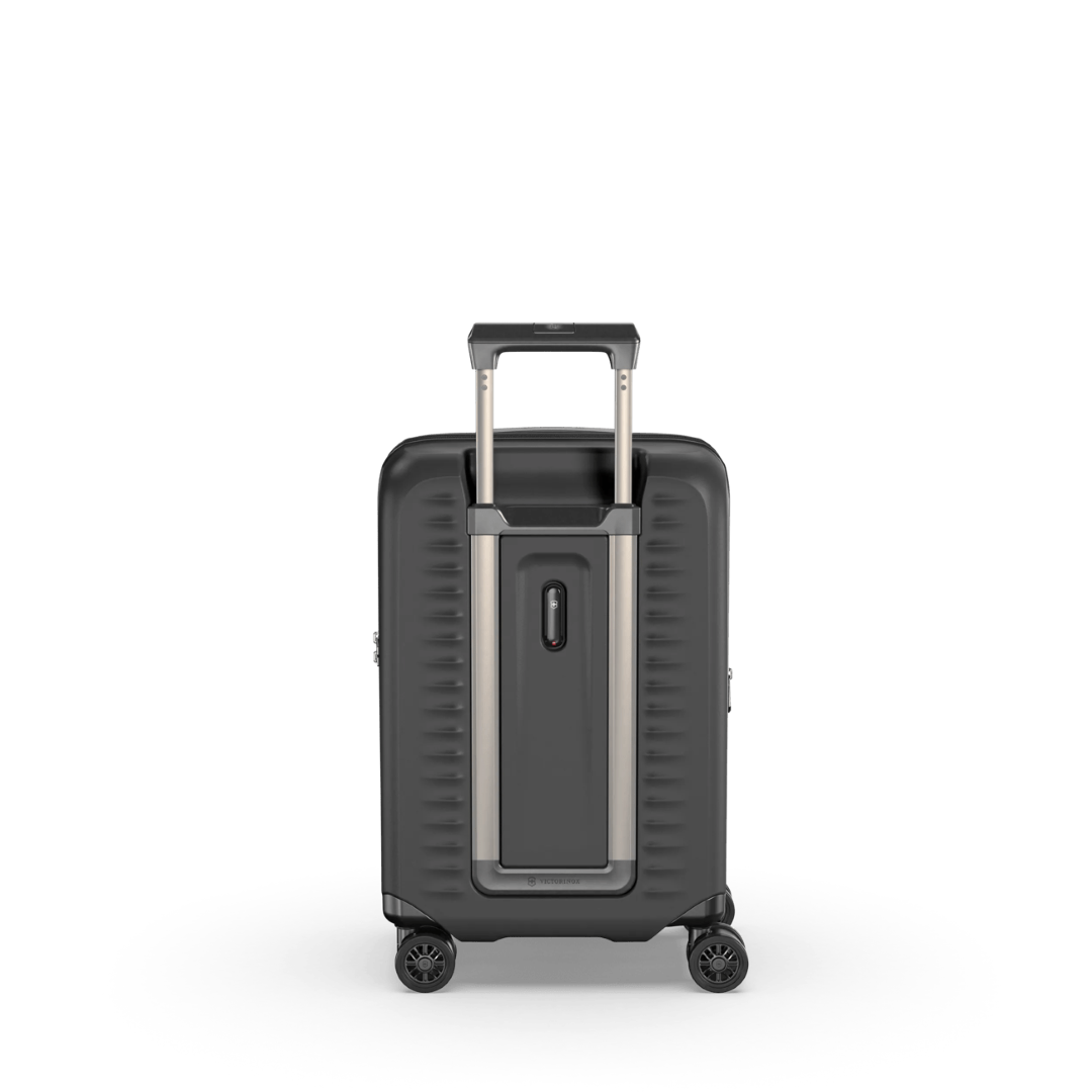 Lightweight black carry-on luggage with expansion system and anti-scratch pocket for electronics, perfect for modern travelers.