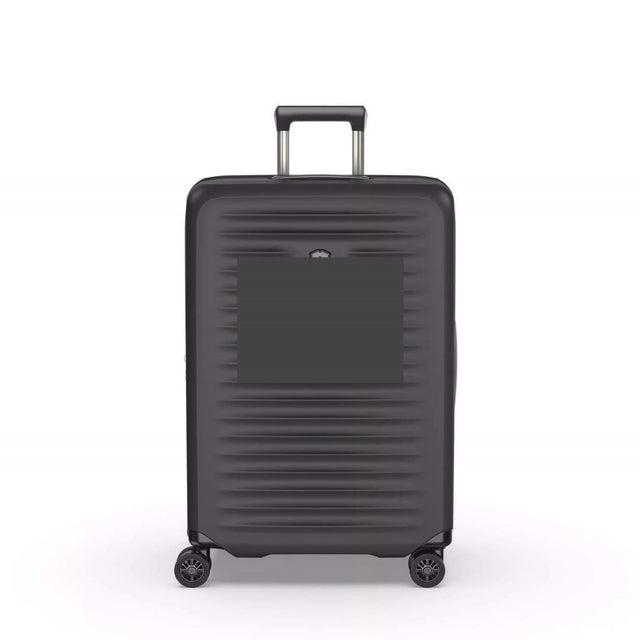 Stylish VICTORINOX Airox Advanced Medium Hardside Case in black with expansion system for added packing space and secure straps.