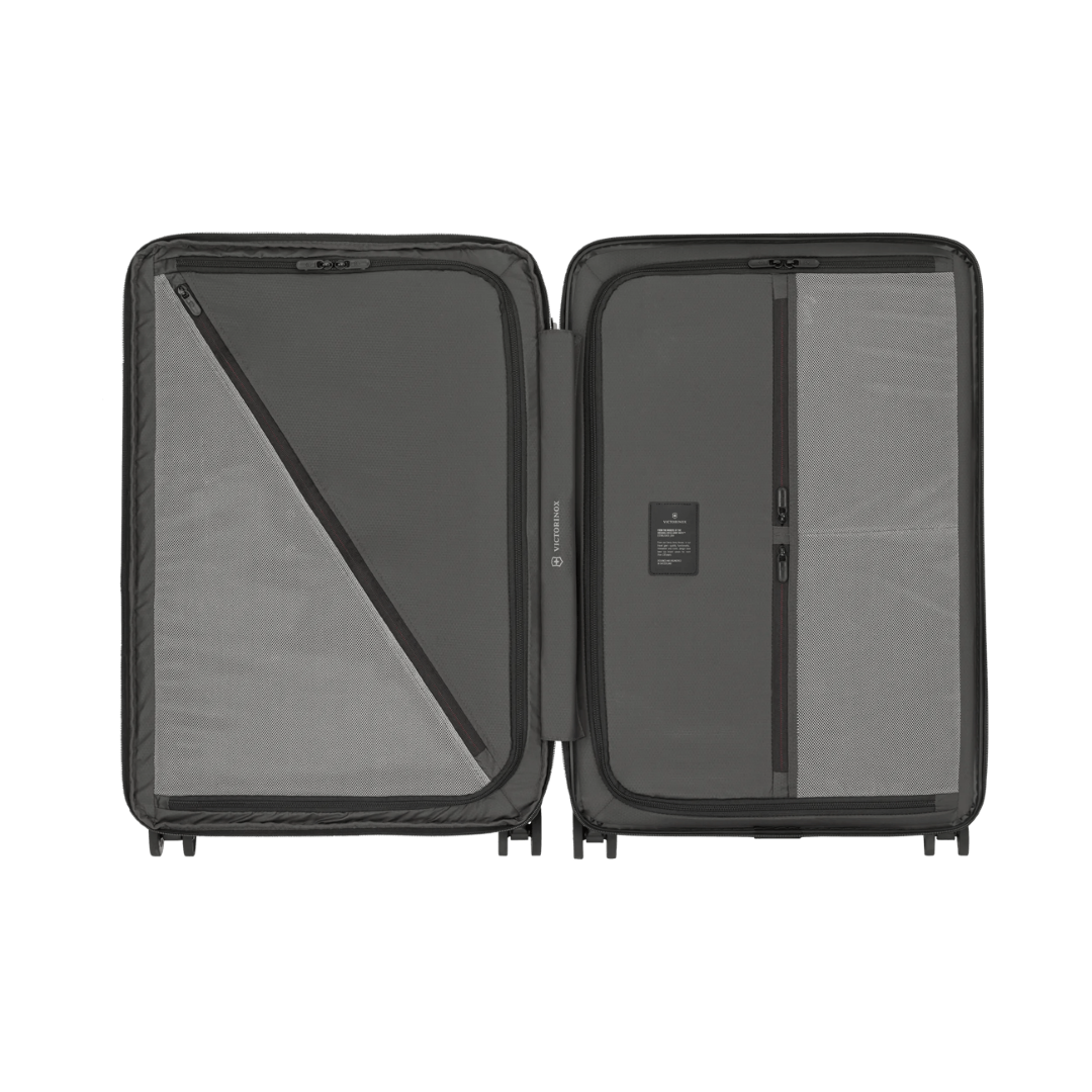 Hardside suitcase in classic black with elastic straps and expandable design for secure, effortless travel.