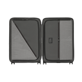 Hardside suitcase in classic black with elastic straps and expandable design for secure, effortless travel.