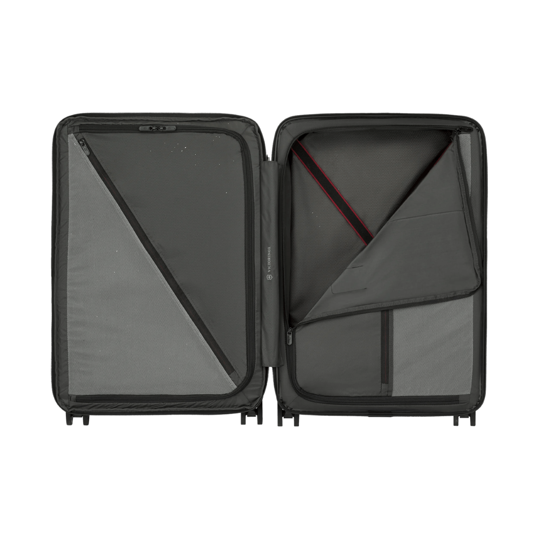 VICTORINOX Airox Advanced Medium Hardside Case in black, featuring compression straps and an expansion system for enhanced packing.