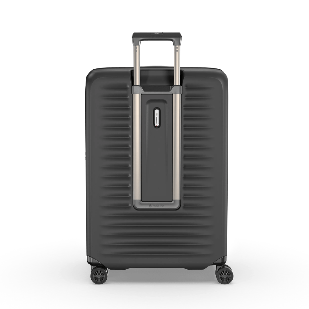 Hardside black suitcase with 4 dual wheels, expandable from 103L to 119L, featuring elastic compression straps for organization.