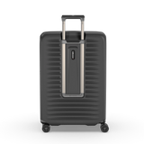 Large black hardside suitcase with expansion system, elastic straps, and 4 dual caster wheels for smooth maneuverability.