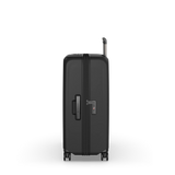 Black VICTORINOX Airox Advanced Large hardside case with expansion, X-shaped straps, and four dual spinner wheels.