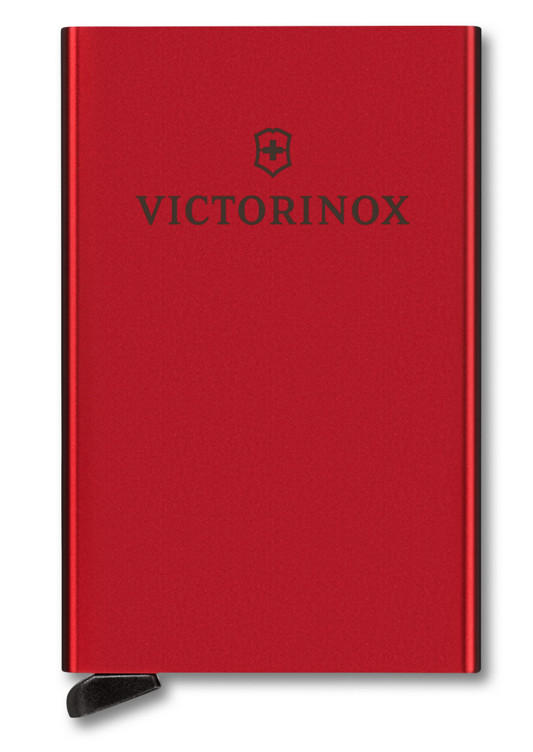 Red aluminum Essential Card Wallet by VICTORINOX Altius Secrid, storing 4-6 cards with RFID protection and quick-access sliding mechanism.