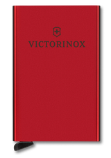 Red aluminum Essential Card Wallet by VICTORINOX Altius Secrid, storing 4-6 cards with RFID protection and quick-access sliding mechanism.