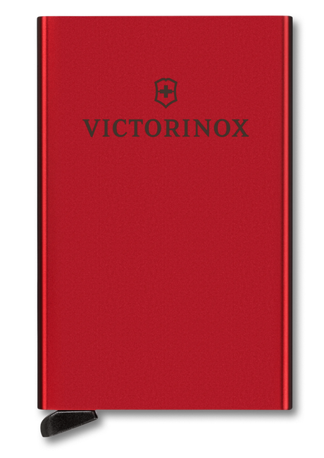 Red aluminum Essential Card Wallet by VICTORINOX Altius Secrid, storing 4-6 cards with RFID protection and quick-access sliding mechanism.