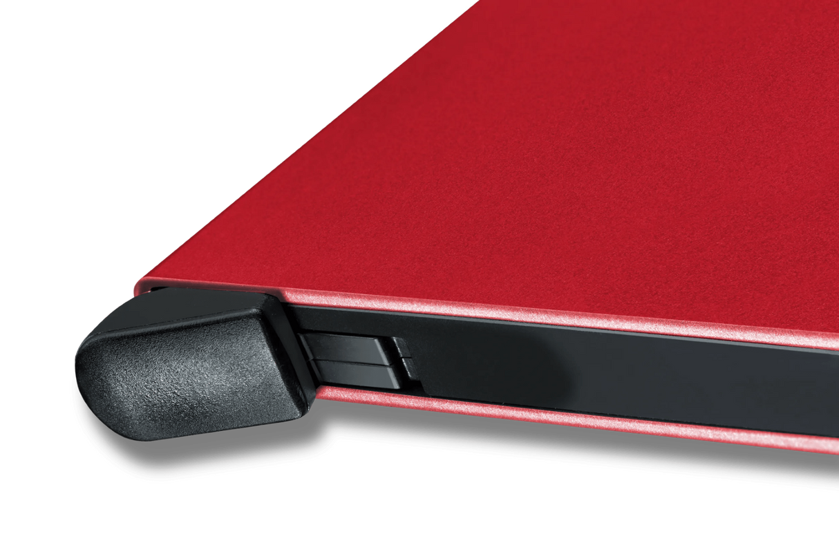 Red VICTORINOX Altius Secrid Essential Card Wallet, compact aluminum cardholder with RFID protection for 4-6 bank cards.