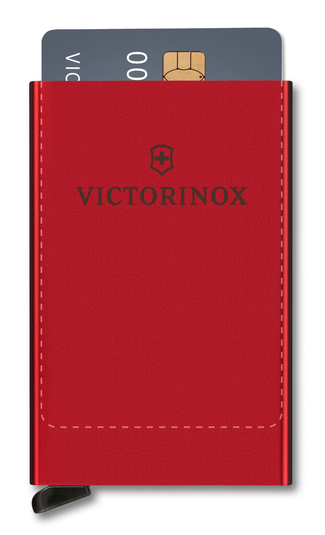 Compact red aluminum card wallet by Victorinox, holds 4-6 cards with RFID protection and quick access mechanism.