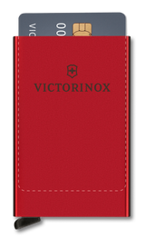 Compact red aluminum card wallet by Victorinox, holds 4-6 cards with RFID protection and quick access mechanism.