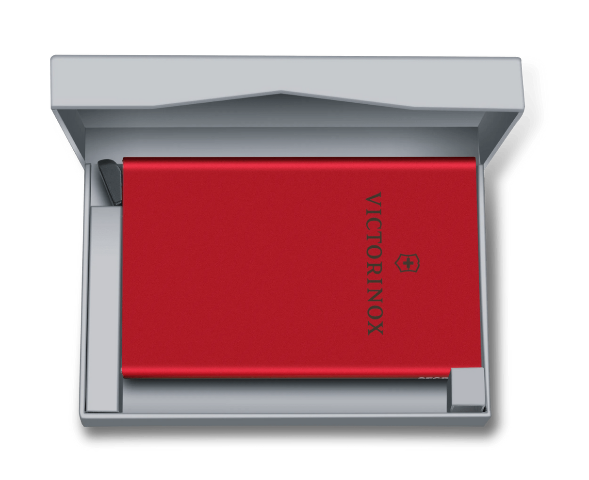 Vibrant red aluminum card wallet by Victorinox, securely holds 4-6 cards with RFID protection and quick access design.