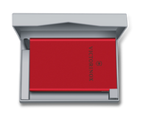 Vibrant red aluminum card wallet by Victorinox, securely holds 4-6 cards with RFID protection and quick access design.