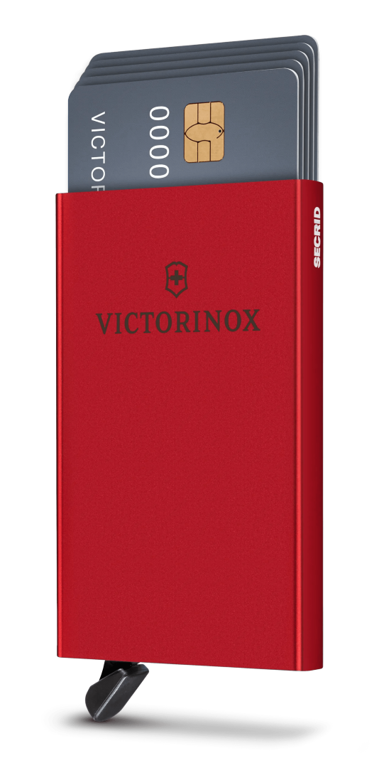 Essential red aluminum card wallet by Victorinox, securely holds 4-6 cards with quick access and RFID protection.