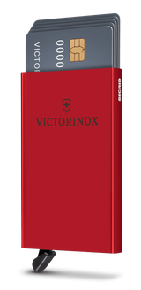 Essential red aluminum card wallet by Victorinox, securely holds 4-6 cards with quick access and RFID protection.