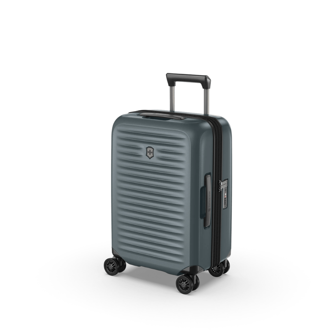 Lightweight VICTORINOX Airox Advanced hardside carry-on in Storm features an expandable design, anti-scratch pocket, and smooth 4-wheel mobility.