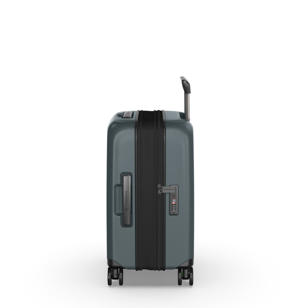 Lightweight VICTORINOX Airox Advanced hardside carry-on in Storm, featuring anti-scratch pocket, expansion system, and smooth mobility.