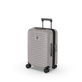 Lightweight white hardside carry-on suitcase with expandable capacity, anti-scratch pocket, and smooth dual caster wheels.