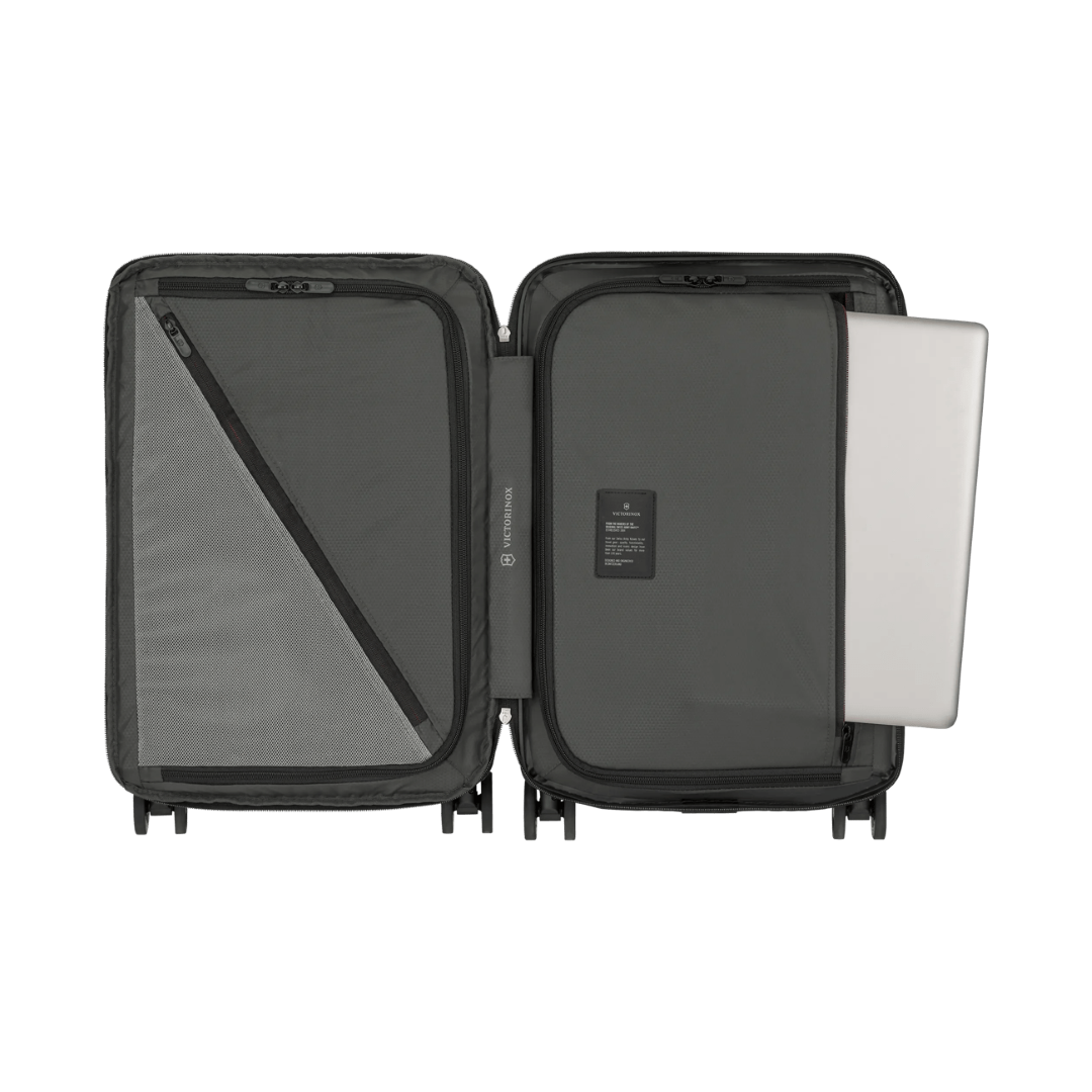 Lightweight white hardside carry-on suitcase with expandable capacity and anti-scratch pocket for devices, ideal for travel.