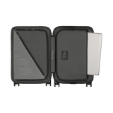 Lightweight white hardside carry-on suitcase with expandable capacity and anti-scratch pocket for devices, ideal for travel.