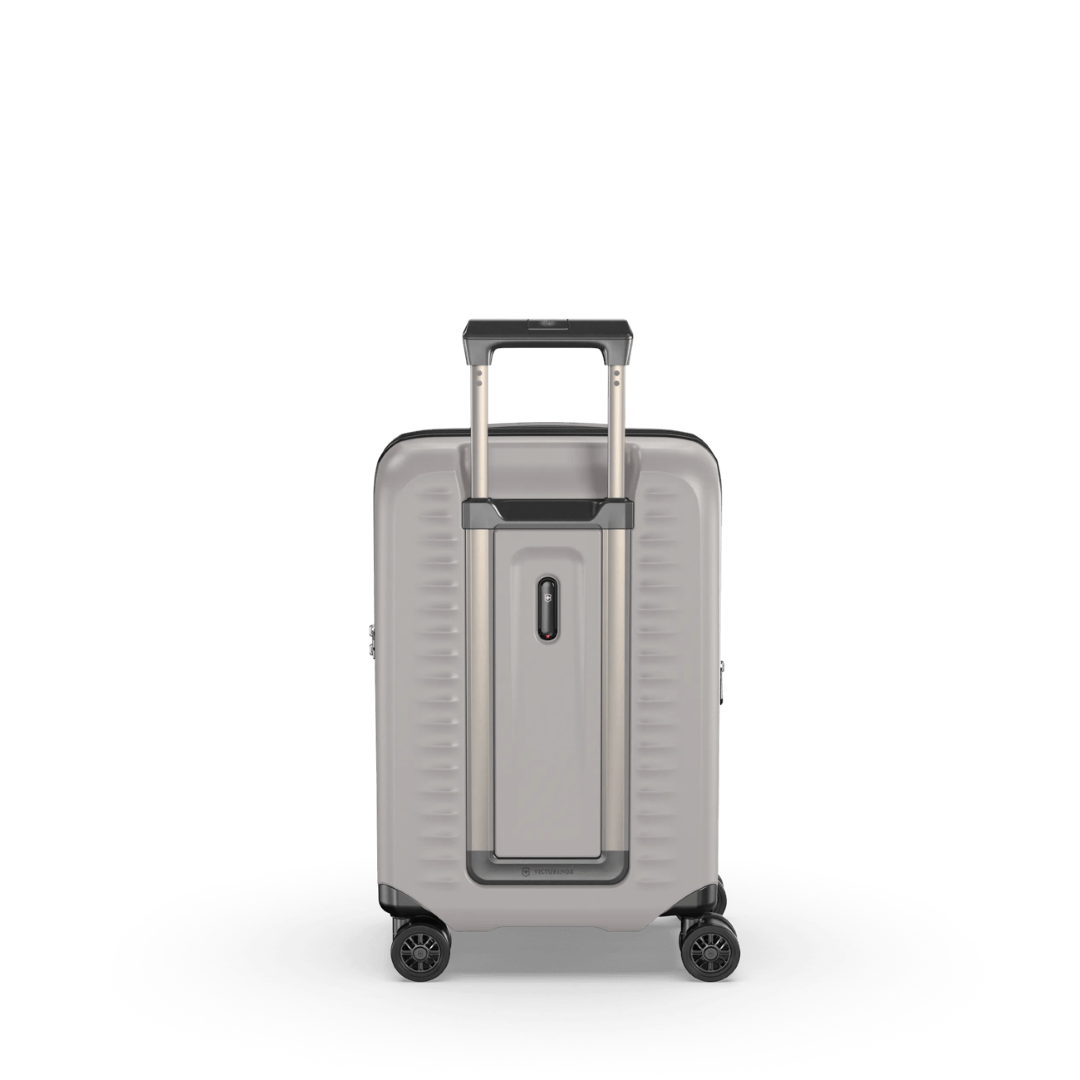 Lightweight white hardside carry-on suitcase with expandable capacity, anti-scratch pocket, and smooth-rolling wheels.