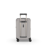 Lightweight white hardside carry-on suitcase with expandable capacity, anti-scratch pocket, and smooth-rolling wheels.