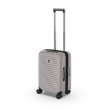 Stylish white hardside carry-on suitcase with expandable capacity and anti-scratch pocket for devices, ideal for any trip.