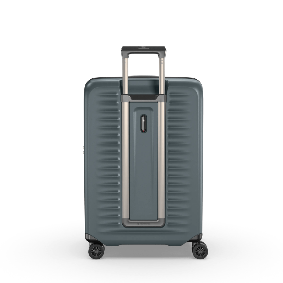 "VICTORINOX Airox Advanced Medium Hardside Case in Storm, featuring durable polycarbonate, expansion system, and secure straps."