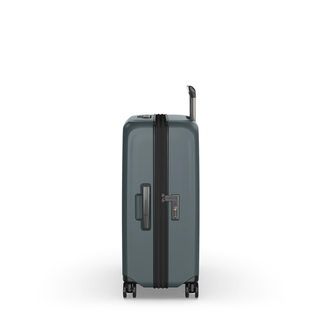 VICTORINOX Airox Advanced Medium Hardside Case in Storm, featuring durable polycarbonate, expandable design, and smooth spinner wheels.