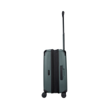 Green hardside carry-on suitcase made from recycled polycarbonate with expandable capacity and quick-access front compartment.