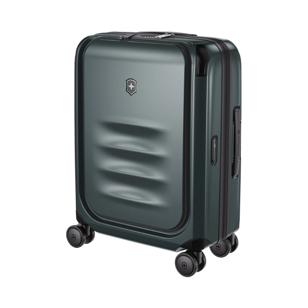 Green VICTORINOX Spectra 3.0 hardside carry-on made with recycled polycarbonate, featuring an expandable design and quick-access compartment.