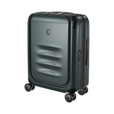 Green VICTORINOX Spectra 3.0 hardside carry-on made with recycled polycarbonate, featuring an expandable design and quick-access compartment.