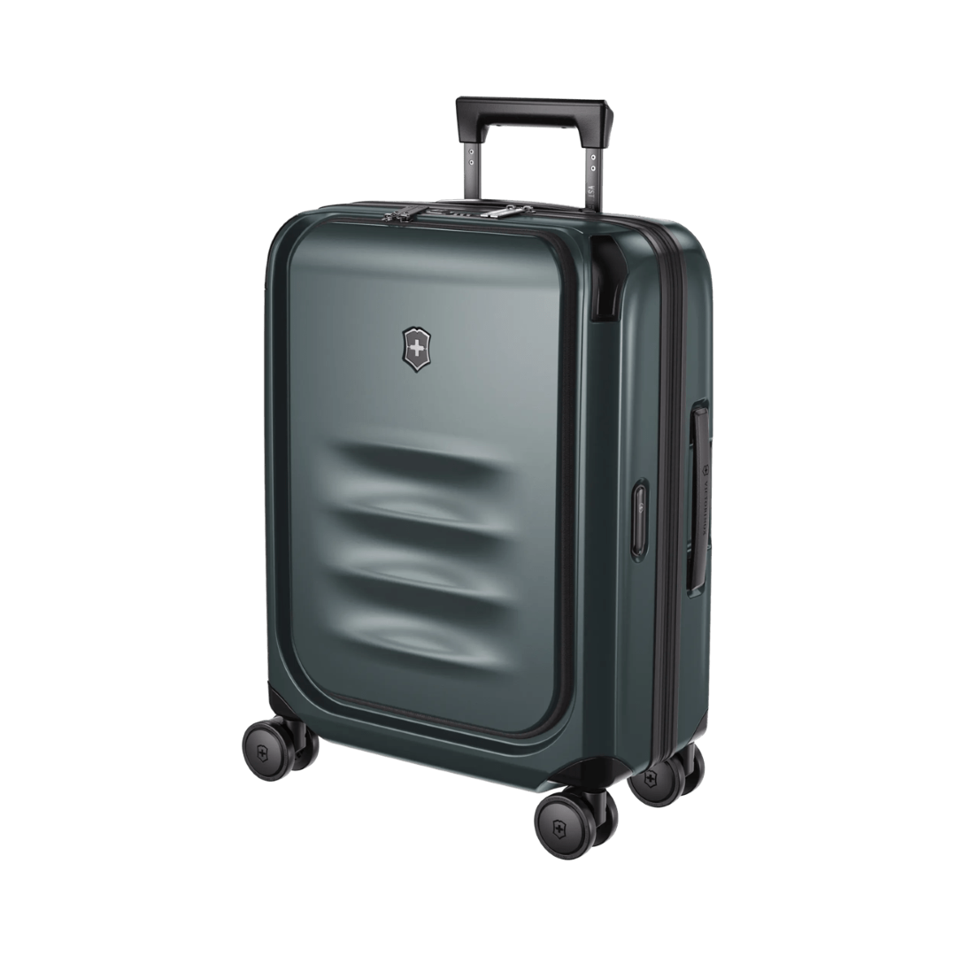 Green VICTORINOX Spectra 3.0 carry-on suitcase with recycled polycarbonate, expandable design, and quick-access front compartment.