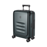 Green VICTORINOX Spectra 3.0 carry-on suitcase with recycled polycarbonate, expandable design, and quick-access front compartment.