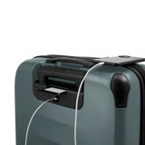 Durable green hardside carry-on suitcase with expandable capacity, 8 wheels, and quick-access front organization compartment.