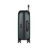 Hardside green carry-on suitcase with expandable design, lockable front compartment, and 8 spinning wheels for easy travel.