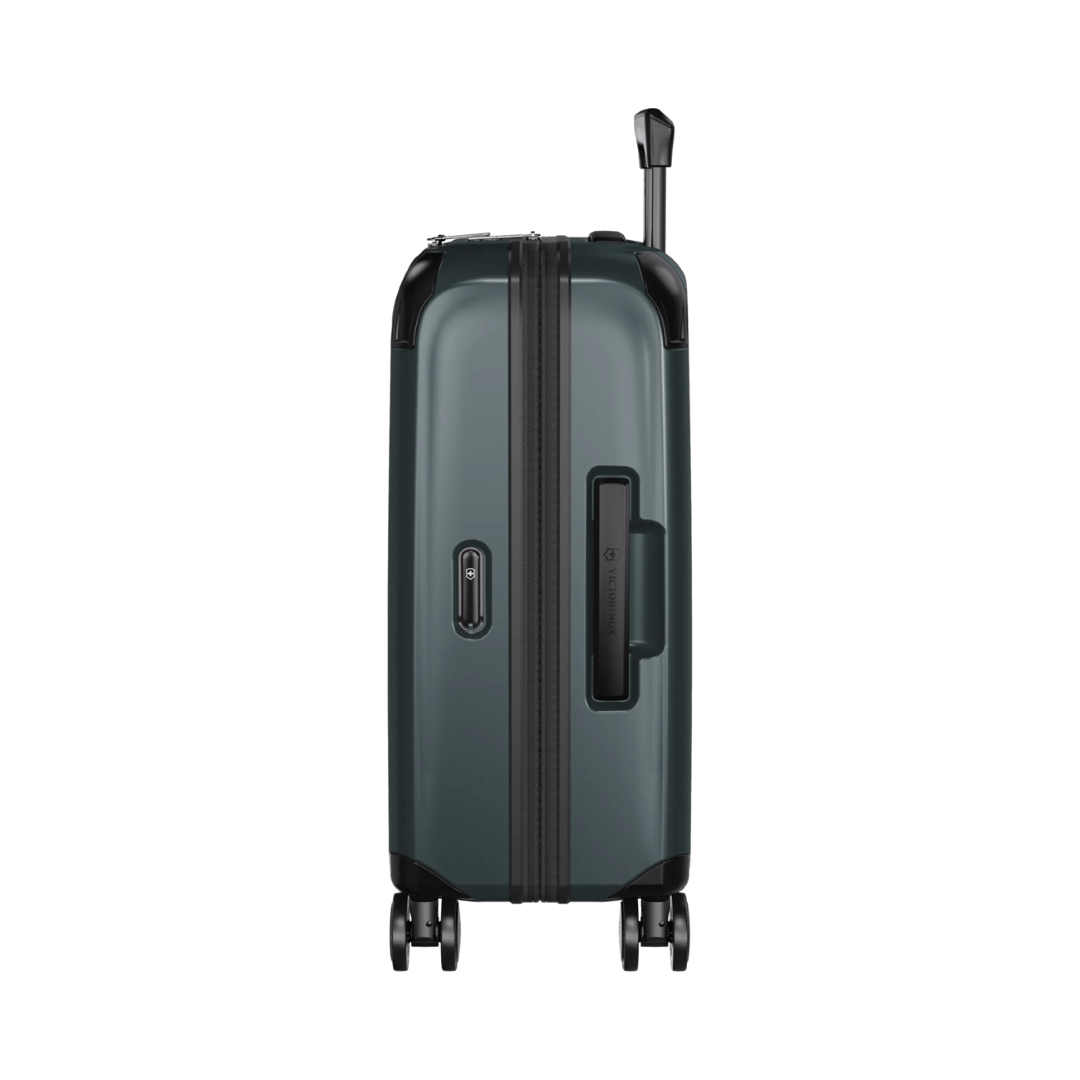 VICTORINOX Spectra 3.0 Frequent Flyer Carry-On in Storm, eco-friendly polycarbonate, 8 wheels, expandable, and quick-access front compartment.