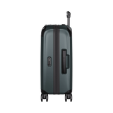 VICTORINOX Spectra 3.0 Frequent Flyer Carry-On in Storm, eco-friendly polycarbonate, 8 wheels, expandable, and quick-access front compartment.