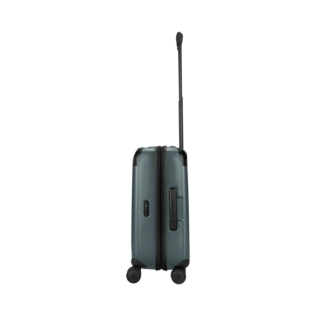 VICTORINOX Spectra 3.0 Frequent Flyer Carry-On in Storm, eco-friendly, expandable, features 8 wheels and lockable front compartment.