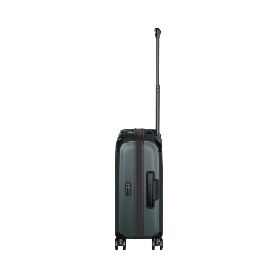 Lightweight VICTORINOX Spectra 3.0 Carry-On in Storm, made of recycled polycarbonate, features 8 wheels and expandable design for easy travel.